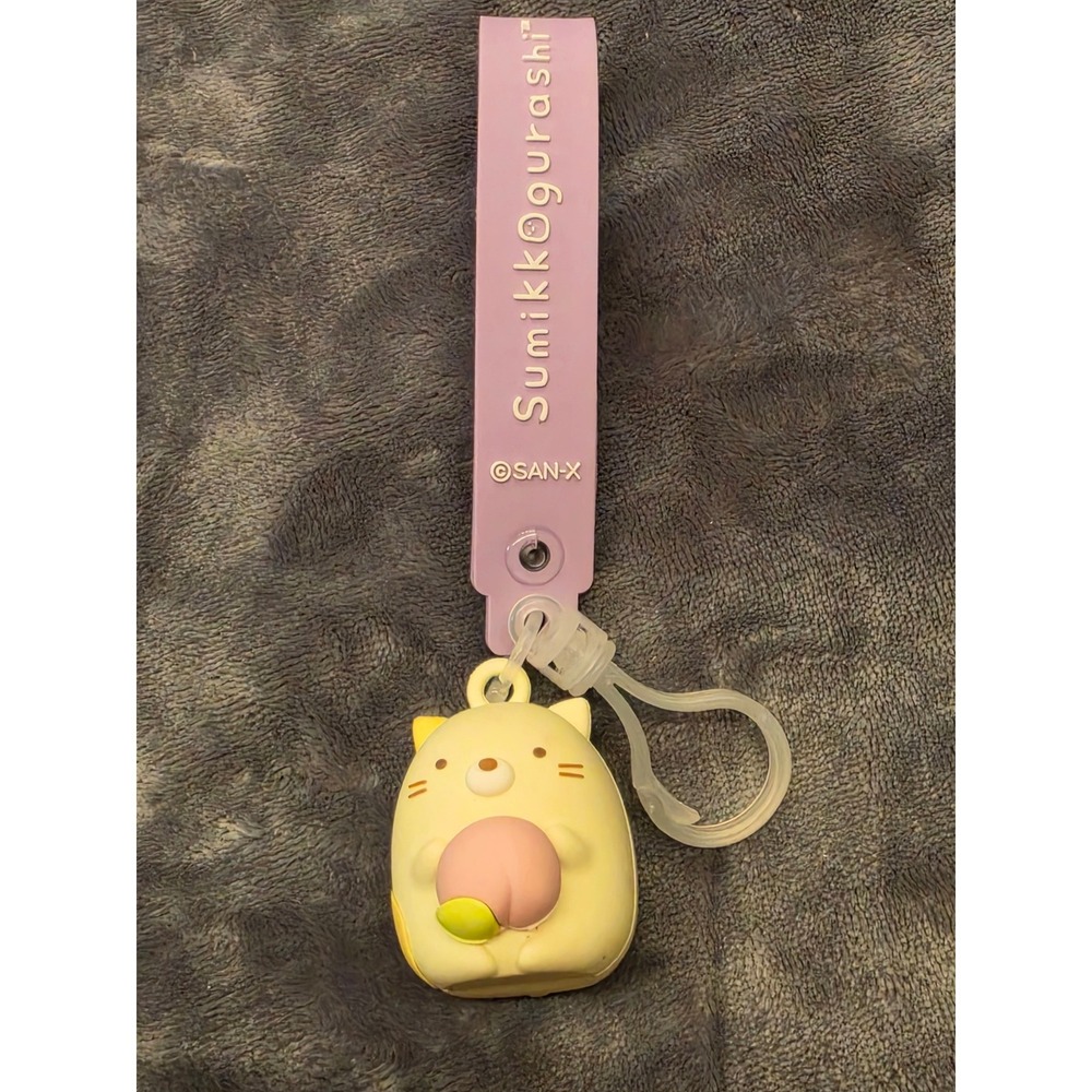 San-X Sumikko Gurashi Neko Cat Peach Silicone Charm Keychain Purple Wristlet